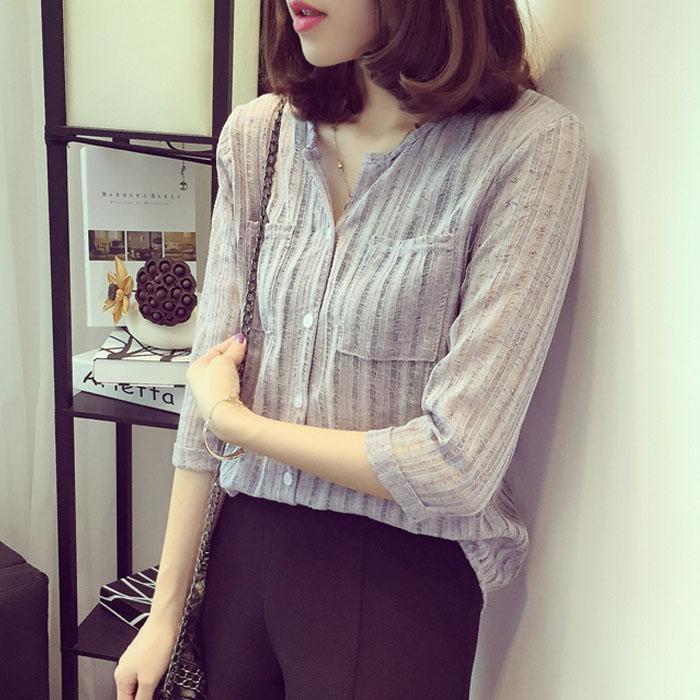 Spring new loose solid color V-neck Top Casual versatile base shirt thin women's shirt