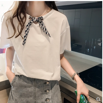 夏裝新款韓版菱格系帶蝴蝶結圓領恤女短袖上衣體恤打底衫潮