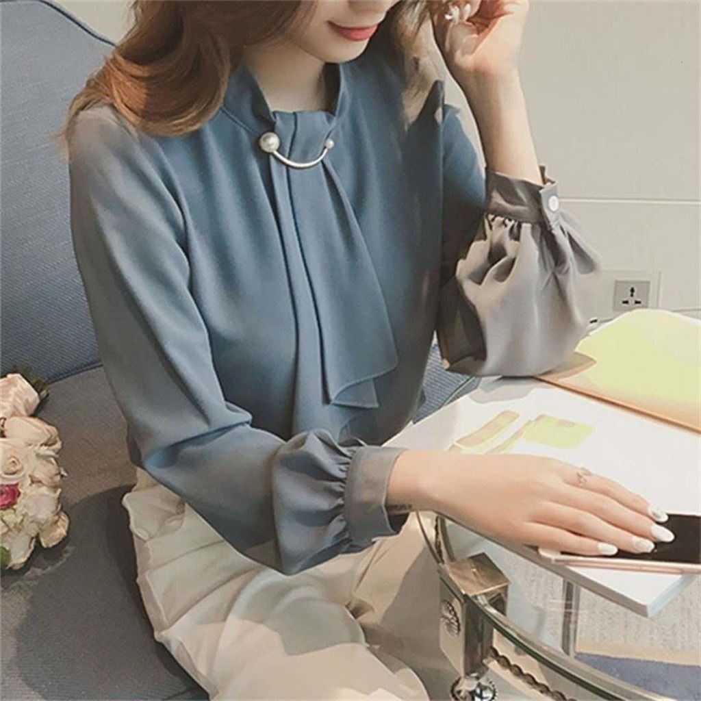 Spring new Korean knitted ring button Lantern Sleeve Top chiffon shirt women's long sleeve bottomed shirt