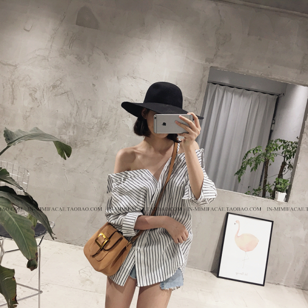 Vertical stripe suspender off shoulder shirt