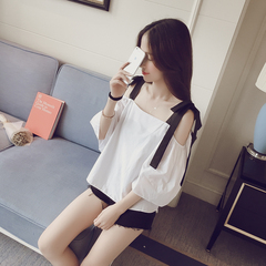 New Korean loose thin casual versatile fashion one neck off shoulder short sleeve top