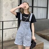女韩版 宽松夏2020新款 时尚 吊带牛仔背带裤 网红小个子可爱阔腿短裤