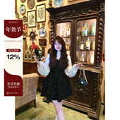 星落云散 法式 秋冬款 板栗西西 短款 背带蓬蓬裙黑色连衣裙子女