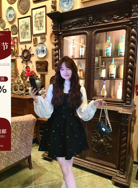 板栗西西【星落云散】法式秋冬款短款背带蓬蓬裙黑色连衣裙子女