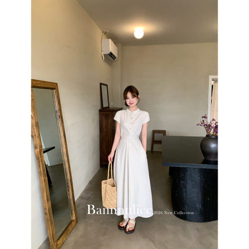 板栗西西【熙然条纹】亚麻绑带短袖云南度假风连衣裙长裙子女夏