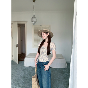 衬衫 板栗西西 碎花短袖 韩系全棉方领修身 女掐腰上衣夏 斯里兰卡