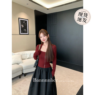 板栗西西【初恋女主】酒红色上衣女半身裙子女时尚套装秋冬