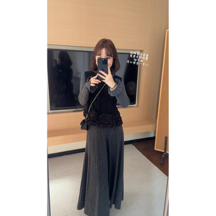 气质设计内搭马甲竖纹半裙三件套 秋冬法式 板栗西西 慕斯月光曲