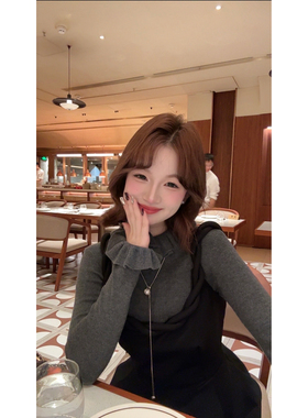 板栗西西秋冬法式气质设计感领口内搭上衣灰色花边领针织毛衣