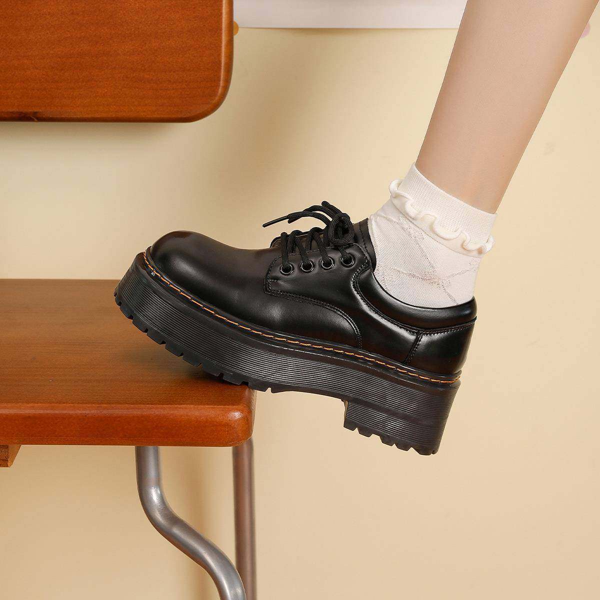 伯爵猫真皮英伦小皮鞋女2024秋冬新款厚底增高加绒单鞋乐福马丁鞋