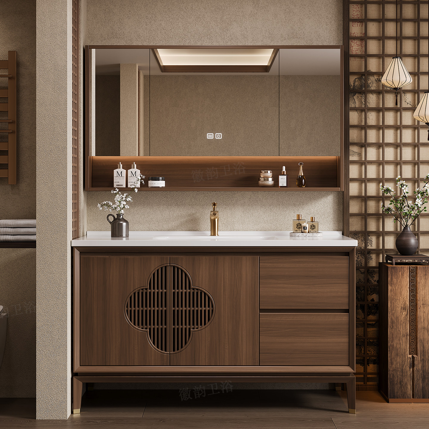 中古风宋式美学实木浴室柜组合卫生间陶瓷一体盆洗手池洗漱台定制