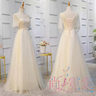 出租赁合唱团女礼服香槟色长袖晚礼服大合唱演出服北京实体店定制