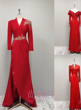 《北京出租》春晚年会主持人晚礼服中国风红色长袖声乐艺考礼服裙