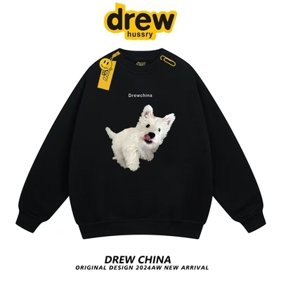 drew笑脸潮牌狗狗印花圆领卫衣男