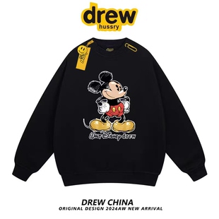 Drew笑脸联名米奇卡通圆领卫衣男女纯棉秋冬季加绒加厚情侣上衣服