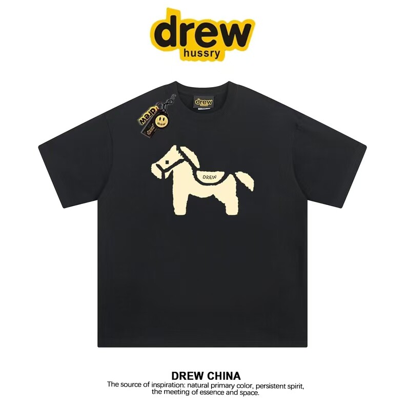 drew潮牌本命年马印花纯棉短袖T恤男女夏季宽松情侣款装黑色上衣