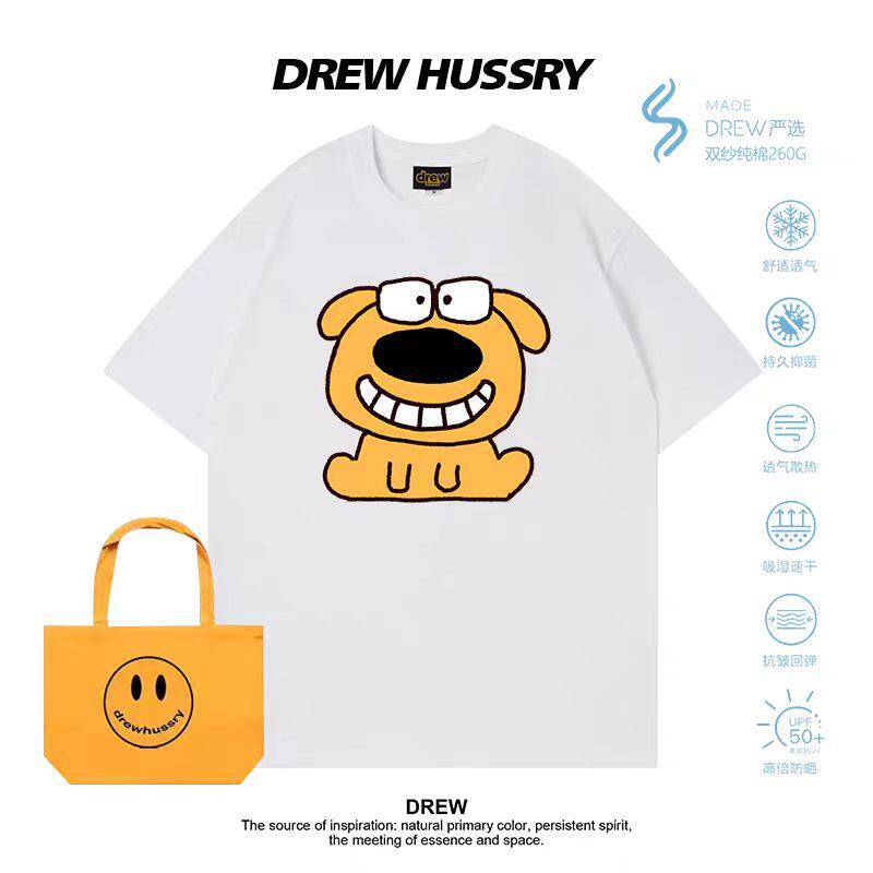 Drew美式卡通可爱狗狗印花短袖T恤男女宽松纯棉情侣宽松百搭上衣