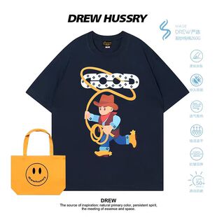 Drew美式 T恤男女同款 纯棉圆领夏季 休闲潮牌上衣 卡通人物印花短袖