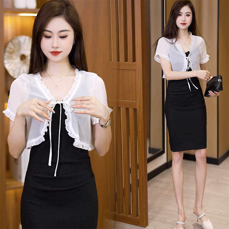 吊带连衣裙外搭罩衫黑色百搭短袖小坎肩夏季雪纺披肩仙女外套开衫