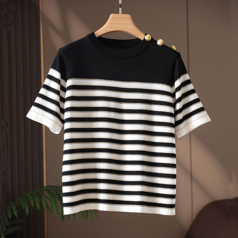 清新法式风！减龄海军条纹金扣短袖针织衫女夏季新款宽松气质T恤