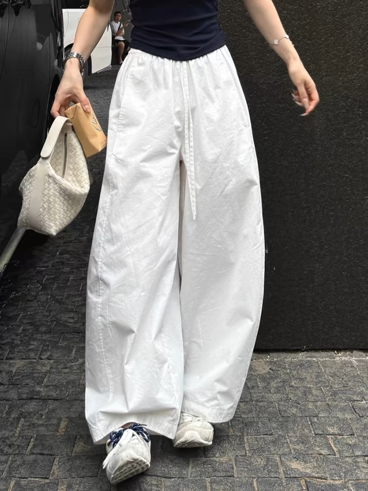 大牌百搭女裤极简白色抽绳阔腿裤女夏季2025新款抽绳宽松休闲长裤