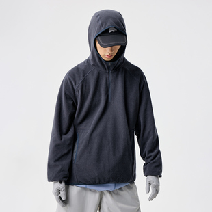 BENPANDA 半开领格子绒廓形长袖连帽T恤男户外透气运动套头卫衣衫