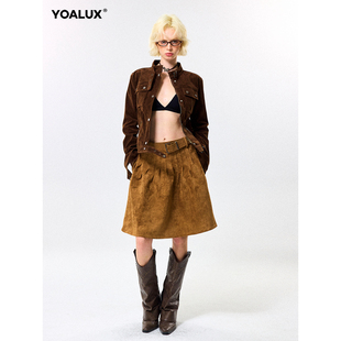 YOALUX秋冬新款美式复古立领修身拉链正肩短款麂皮机车夹克外套女