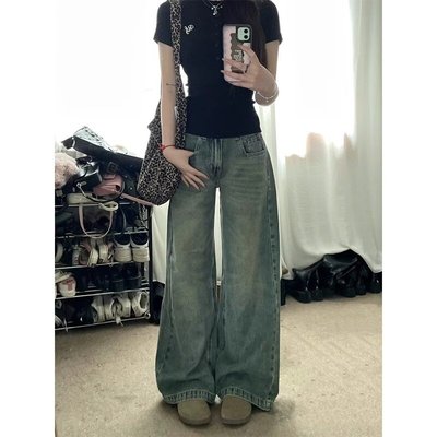 复古做旧宽松阔腿显瘦直筒拖地裤