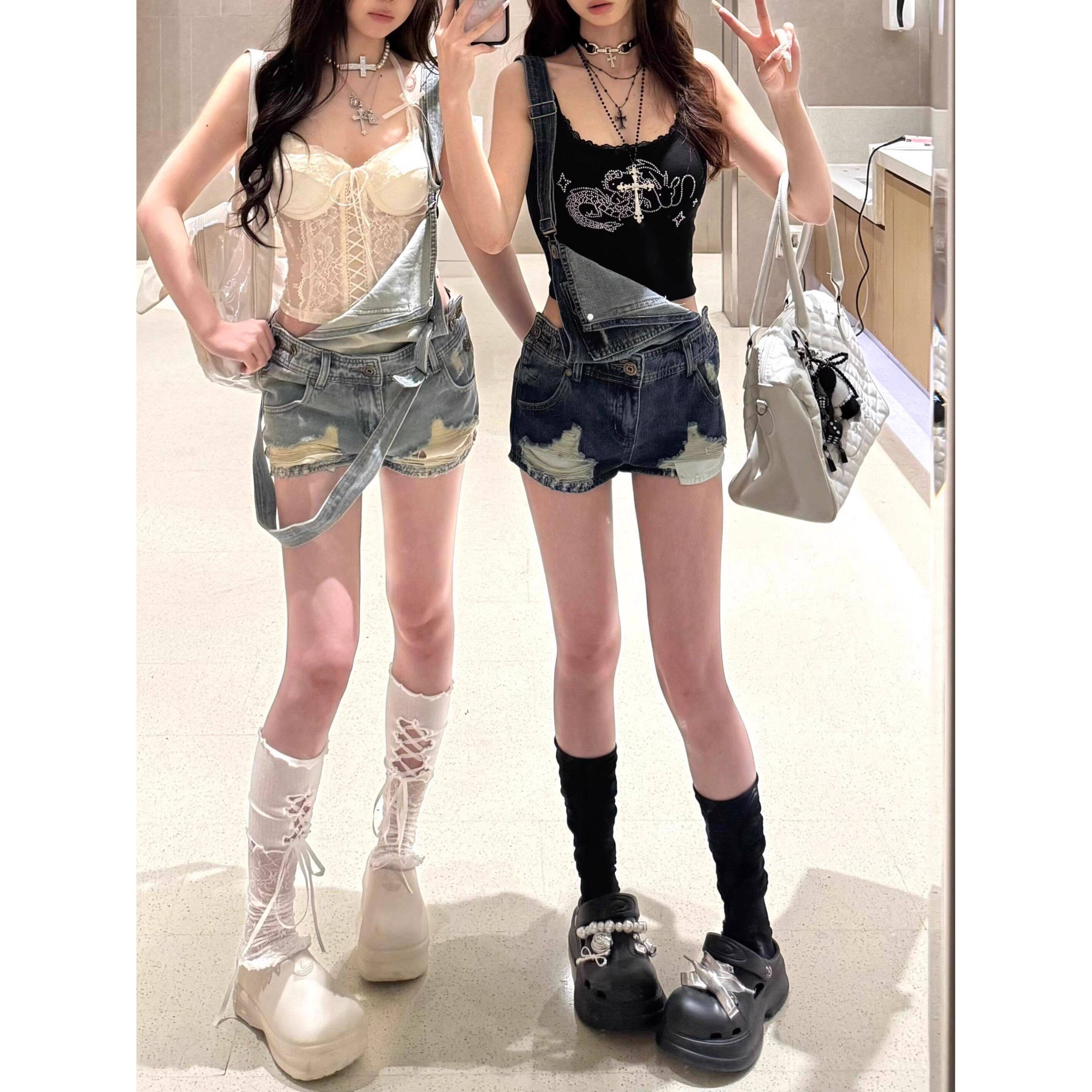 美式复古破洞牛仔背带裤短裤女2025新款纯欲俏皮辣妹性感超短热裤,女装/女士精品,牛仔裤,淘宝优惠券,粉丝福利购,淘宝优惠卷