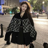 欧美高街hiphop小香风牛仔外套女ins潮秋百搭美式 复古棋盘格上衣