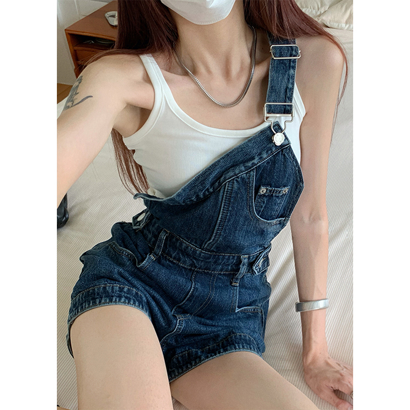 奶fufu工装牛仔单肩背带裤女夏季阔腿连体短裤小个子裤子2024新款
