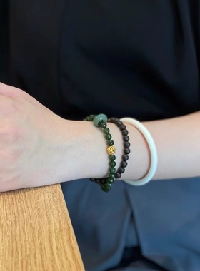 天然海南降真香沉香手链搭配碧玉和田玉跑环原创设计手串女款多圈