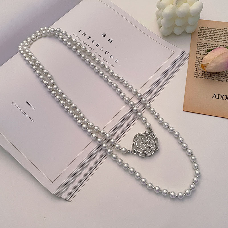 时尚大气玫瑰花珍珠秋冬女百搭长款毛衣链简约装饰品项链衣服配饰