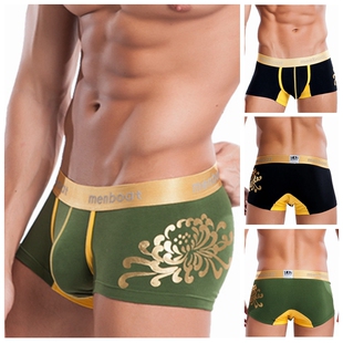 纯棉柔软舒适烫金菊花男士内裤 全棉性感时尚低腰U凸囊袋平角裤