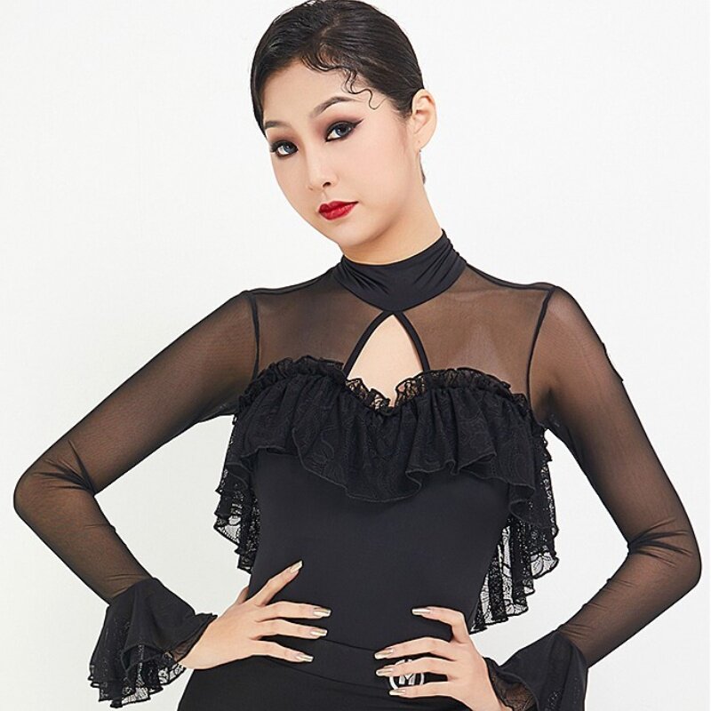 国标舞上衣女成人新款摩登舞华尔兹舞蹈练功服装长袖连体衣b10041