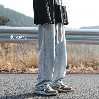 BDLS工作室文艺男女店港风情侣款牛仔裤编织抽绳复古直筒拖地长裤