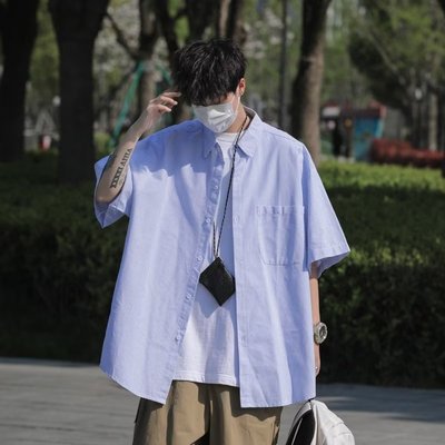 第十九四天男装秋店铺工作室MF潮条纹短袖衬衫休闲男工装衬衣外套