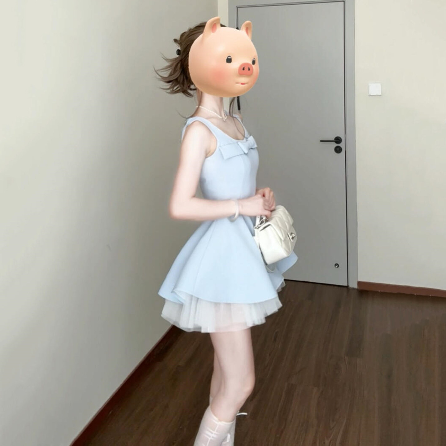 法式高级感蓝色背心吊带连衣裙子女夏季2025新款网纱拼接蓬蓬短裙