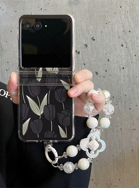 ins黑色郁金香适用小米MIXFlip2手机壳折叠屏荣耀MagicVFlip全包铰链Razr50Ultra摩托罗拉40Ultr翻盖保护套