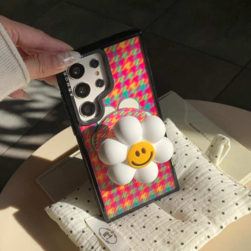 韩系ins千鸟格笑脸向日葵适用三星GalaxyS25Ultra手机壳s24plus磁吸立体支架S23ultra手链s25+防摔保护套女
