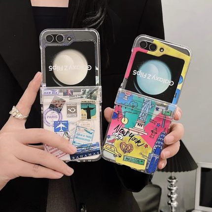ins欧美标签旅行生活邮票适用于三星zflip7手机壳新款zflip5防摔zflip6全包较链ZFLIP4/3折叠屏F7110保护套