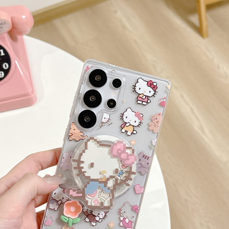 韩系ins可爱卡通像素KT猫用三星GalaxyS25Ultra手机壳S24UItra磁吸支架手链S23UItra全包防摔保护套女款