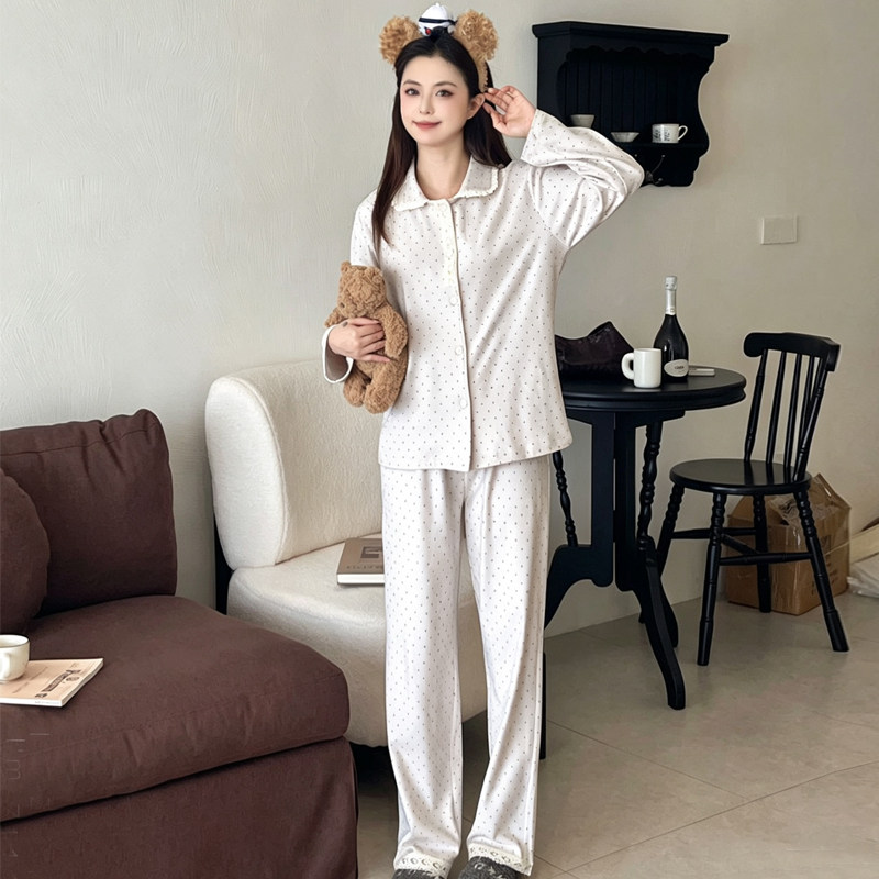 韩系蕾丝边娃娃领波点睡衣套装女2026新款秋冬保暖德绒长袖家居服