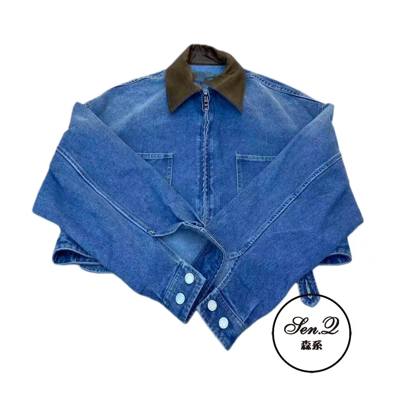 25新品复古金属倒三角翻领牛仔外套X1173