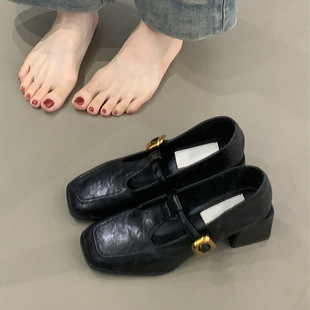 羊皮版~复古5cm粗跟玛丽珍鞋女鞋方头一字扣中跟浅口通勤高跟单鞋