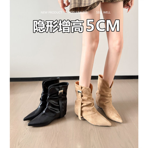 复古5cm内增高尖头西部短靴女
