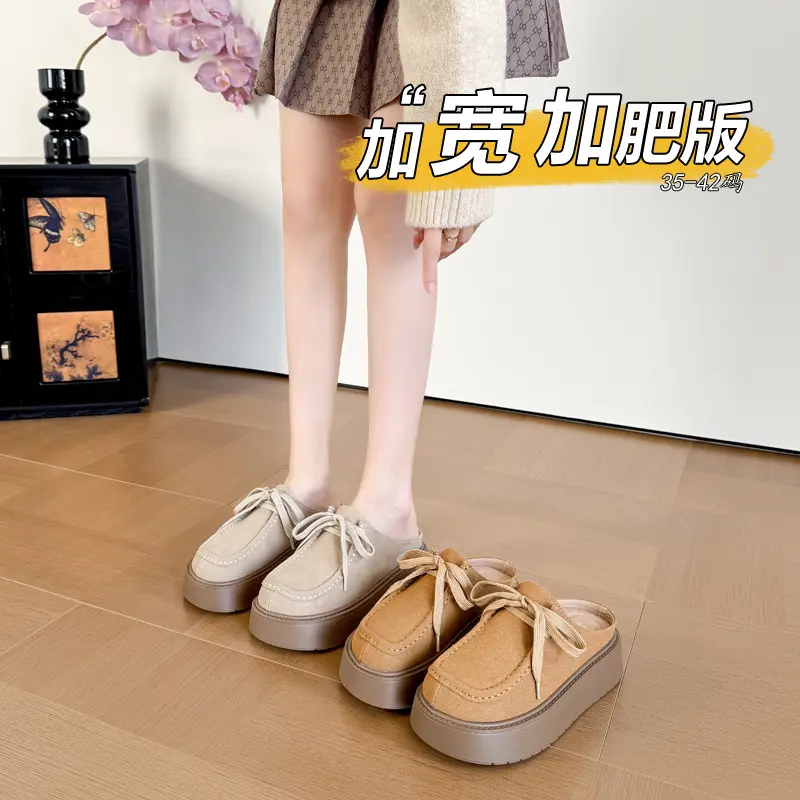2025勃肯鞋厚底包头拖鞋女春秋外穿半拖鞋系带圆头大码女鞋41-43