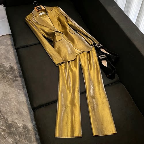 金色西装套装女高级感气质职业装收腰阔腿裤秋季两件套时尚Z490