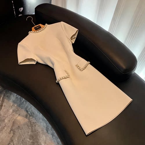 法式小香风钉珠连衣裙女修身收腰显瘦气质优雅千金风短袖裙B-160