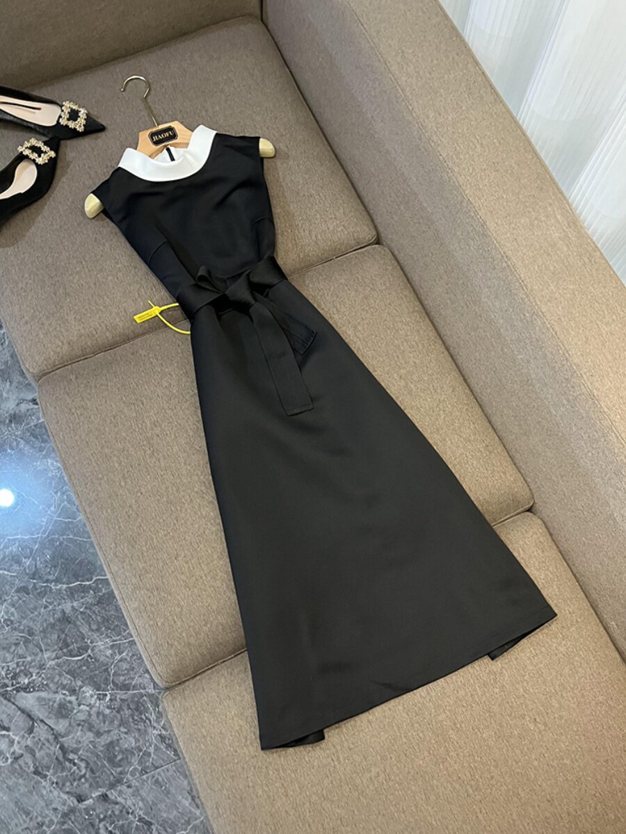 显瘦小黑裙黑白撞色立体领无袖连衣裙优雅气质中长款礼服裙3367